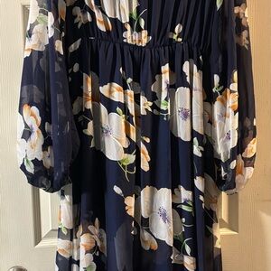 Floral Navy Dress with Sheer Sleeves